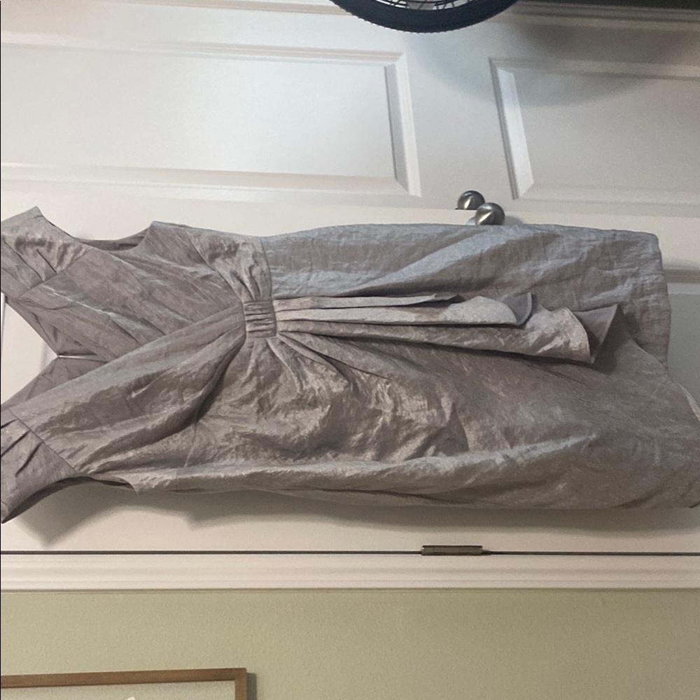 Silver sheath dress with ruched wrap style for cocktail